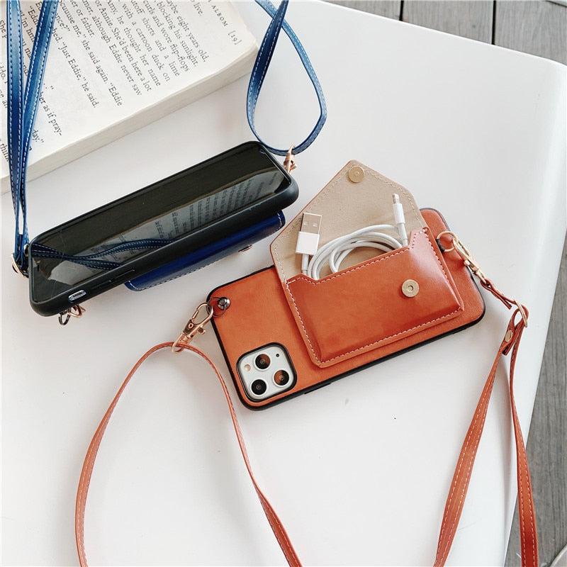 Leather Wallet iPhone Case with Leather Strap-Fonally-