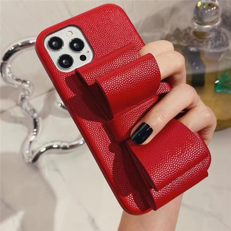 Leatherlike Bowknot Finger Wrap iPhone Case-Fonally-