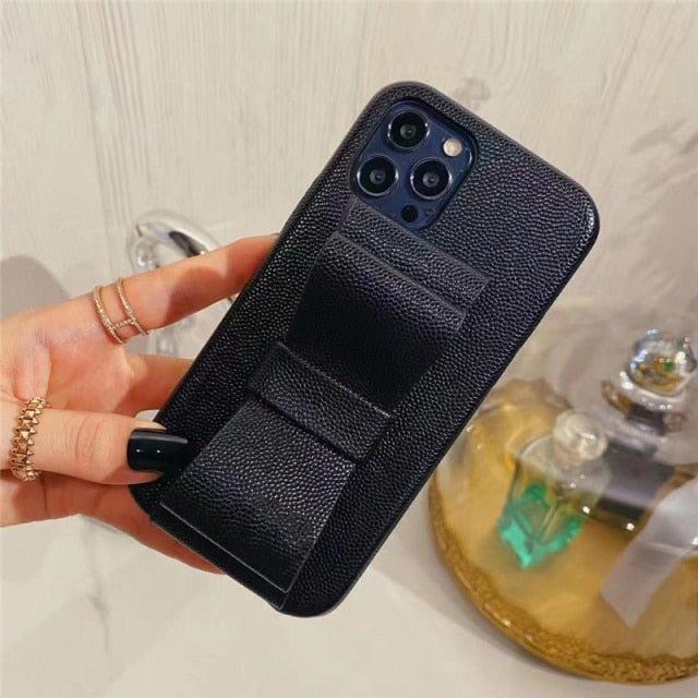 Leatherlike Bowknot Finger Wrap iPhone Case-Fonally-For iPhone 13 Pro Max-Black-