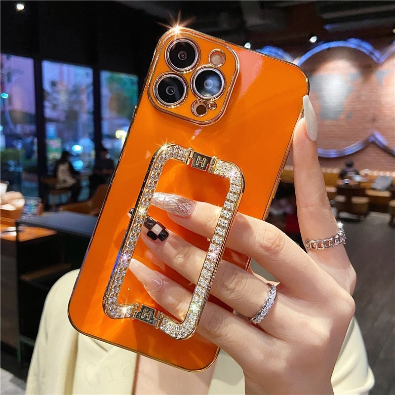 Crystal Holder Plated iPhone Case-Fonally-For iPhone 13 Pro Max-Orange-