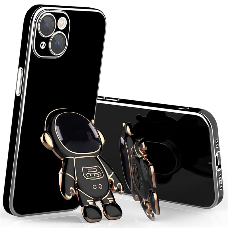 Cute Electroplated Astronaut Kick Stand iPhone Case-Fonally-For iPhone 14 Pro Max-Black-
