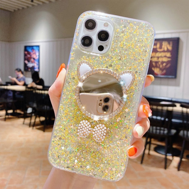 Cute Makeup Mirror Glitter iPhone Case-Fonally-For iPhone 13 Pro Max-Gold-