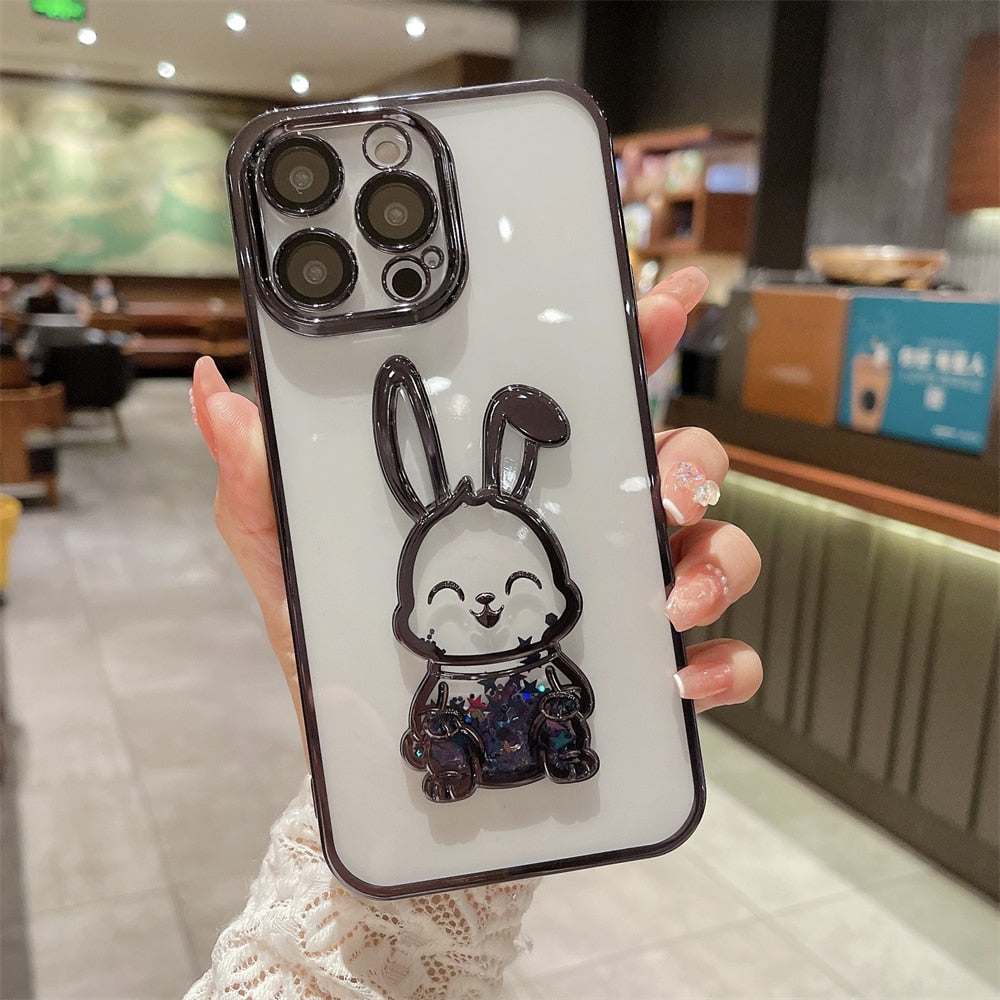 Cute Rabbit Quicksand Glitter iPhone Case-Fonally-For iPhone 14-Black-