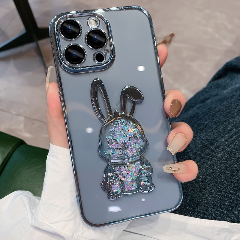 Cute Rabbit Quicksand Glitter iPhone Case-Fonally-For iPhone 14-Blue-