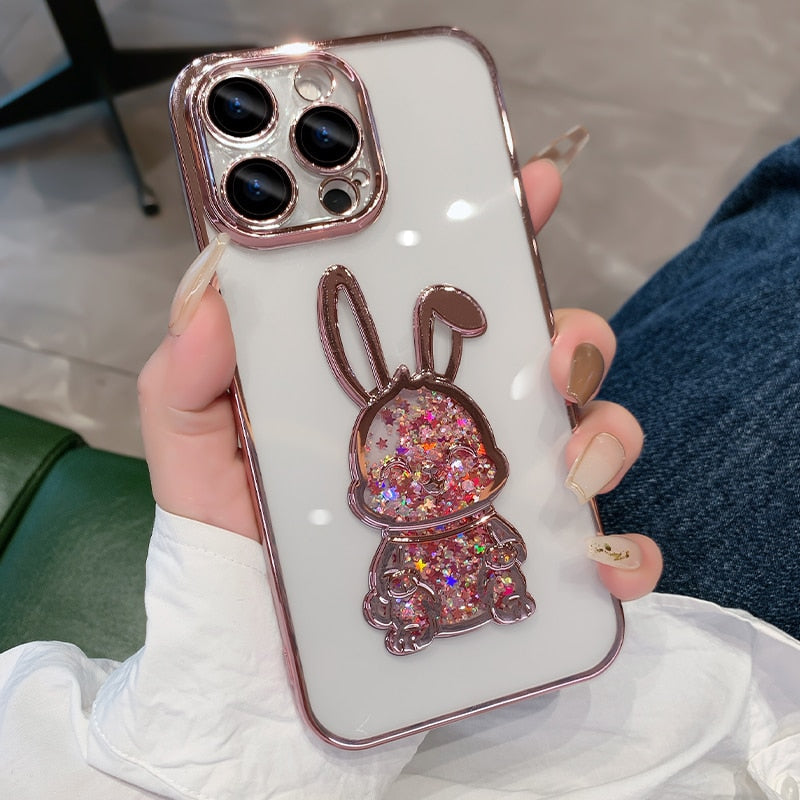 Cute Rabbit Quicksand Glitter iPhone Case-Fonally-For iPhone 14-Pink-