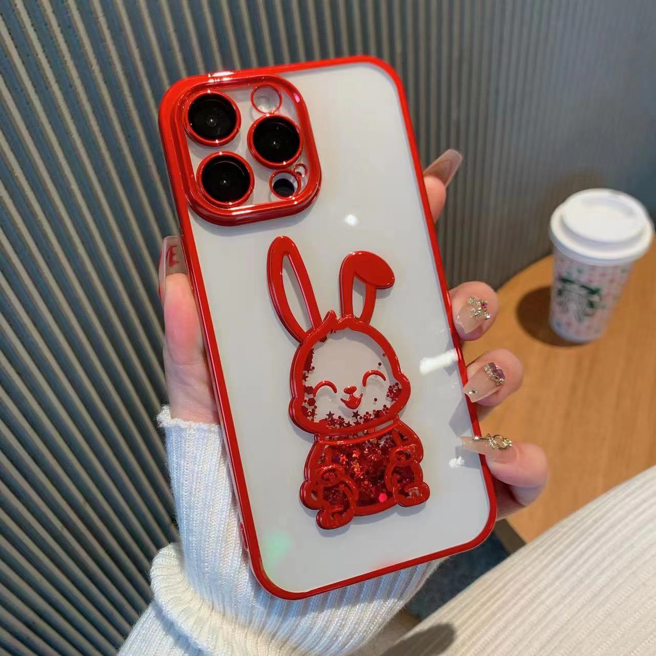 Cute Rabbit Quicksand Glitter iPhone Case-Fonally-For iPhone 14-Red-