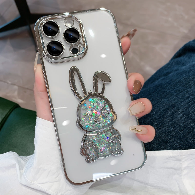 Cute Rabbit Quicksand Glitter iPhone Case-Fonally-For iPhone 14-Silver-