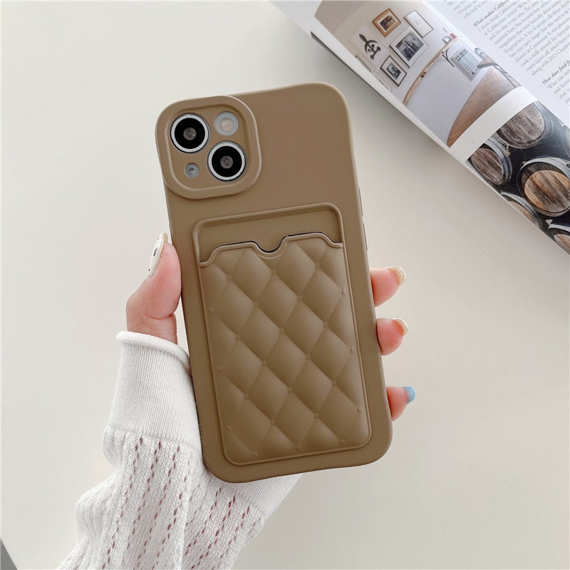 Diamond Lattice Pattern Card Wallet iPhone Case-Fonally-For iPhone 13 Pro Max-Brown-