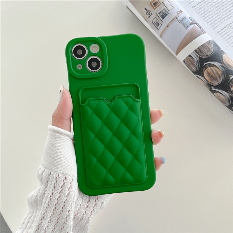 Diamond Lattice Pattern Card Wallet iPhone Case-Fonally-For iPhone 13 Pro Max-Green-