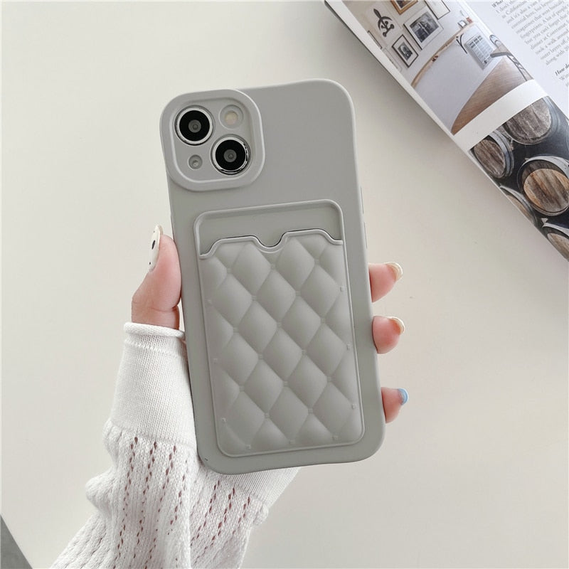 Diamond Lattice Pattern Card Wallet iPhone Case-Fonally-For iPhone 13 Pro Max-Grey-