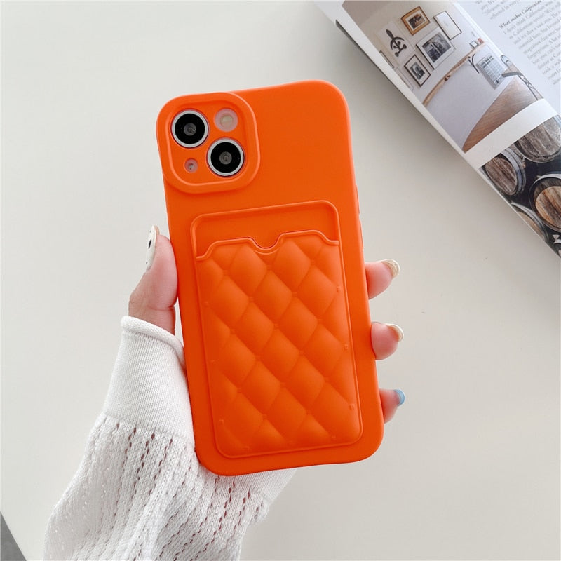 Diamond Lattice Pattern Card Wallet iPhone Case-Fonally-For iPhone 13 Pro Max-Orange-