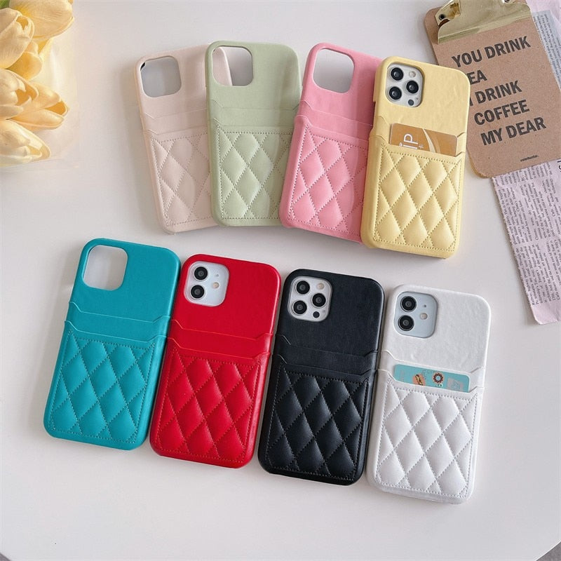 Double Layer Card Holder Diamond Pattern iPhone Case-Fonally-