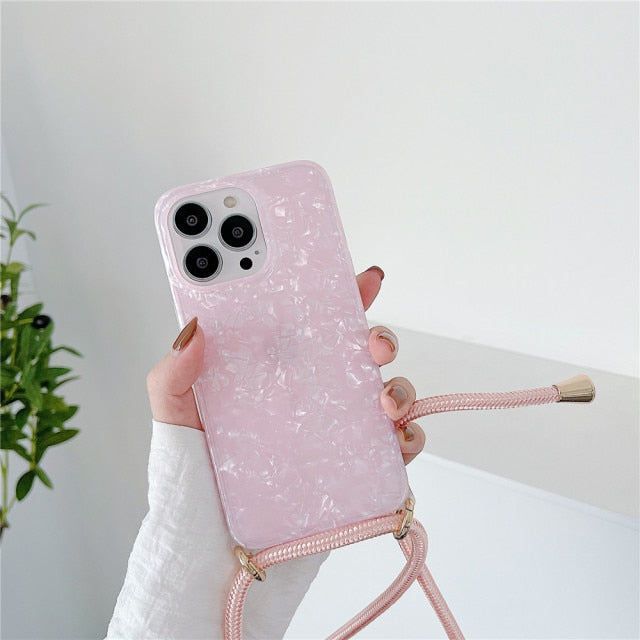 Dreamy Pearl Marble iPhone Case with Lanyard-Fonally-For iPhone 13 Pro Max-Pink-