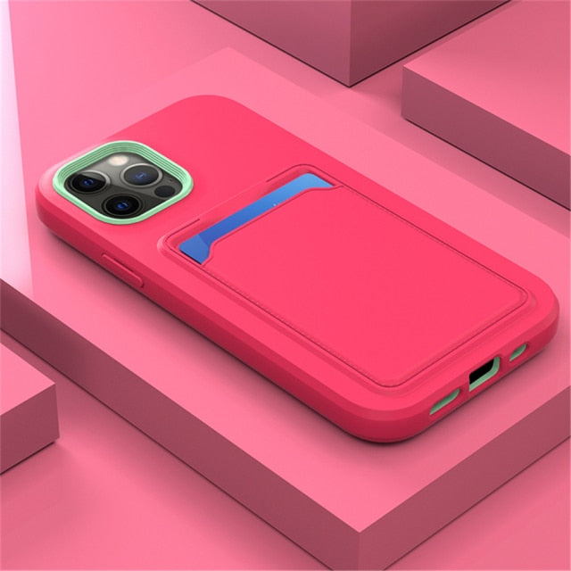 Dual Color Silicone iPhone Case with Card Slot-Fonally-For iPhone 14 Pro Max-Rose Red-