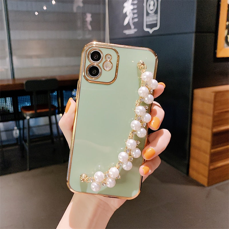 Electroplated iPhone Case with Pearl Chain-Fonally-For iPhone 12 Pro Max-Green-