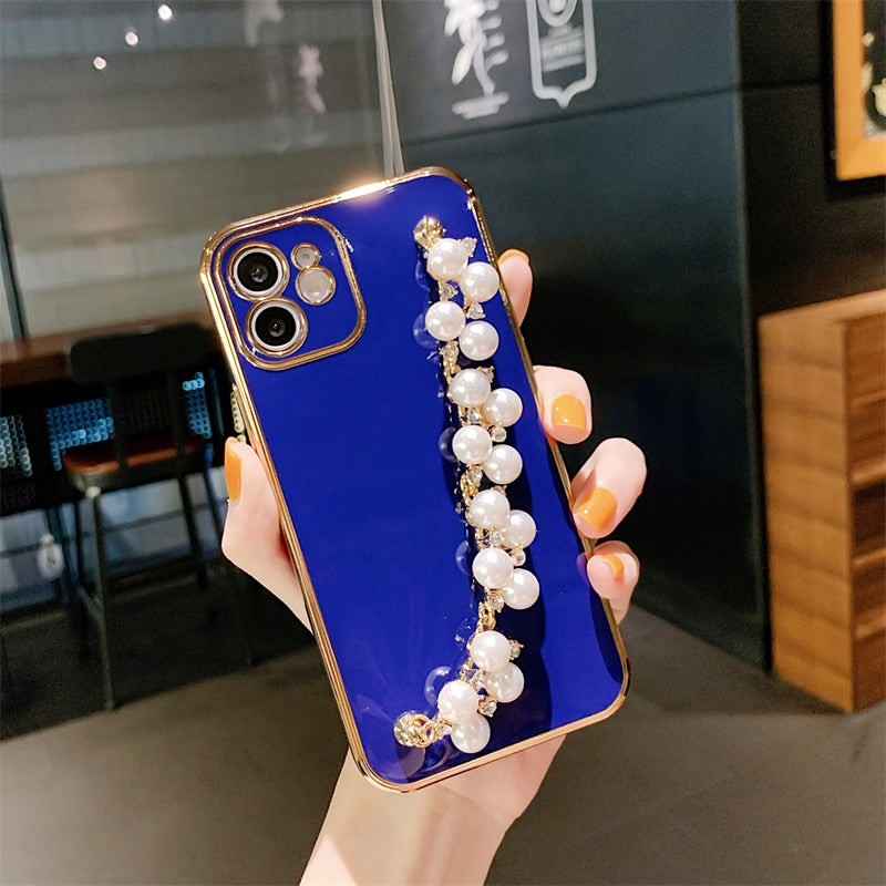 Electroplated iPhone Case with Pearl Chain-Fonally-For iPhone 12 or 12 Pro-Blue-