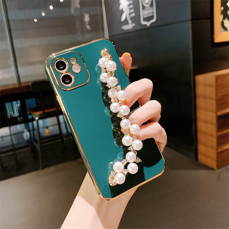 Electroplated iPhone Case with Pearl Chain-Fonally-For iPhone 12 or 12 Pro-Dark Green-