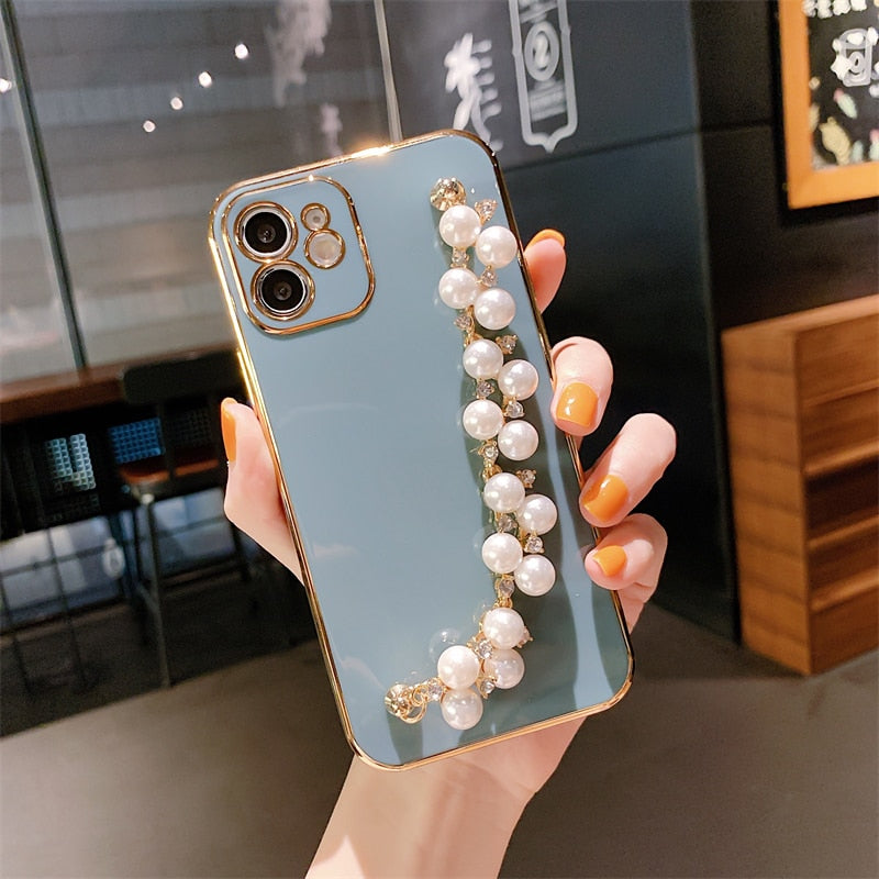 Electroplated iPhone Case with Pearl Chain-Fonally-For iPhone 12 or 12 Pro-Gray-