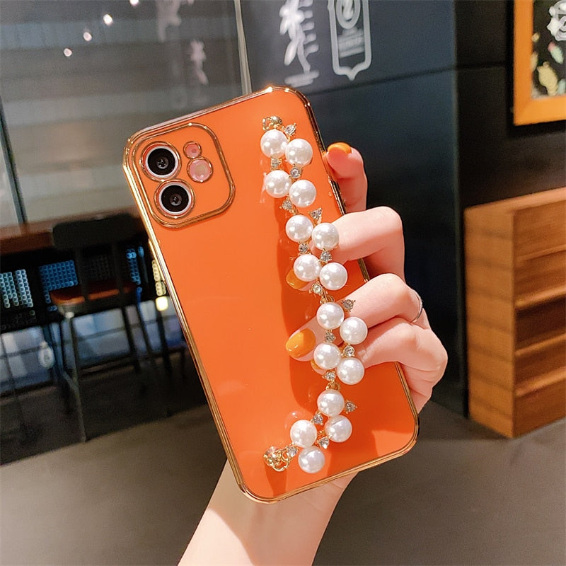 Electroplated iPhone Case with Pearl Chain-Fonally-For iPhone 12 or 12 Pro-Orange-
