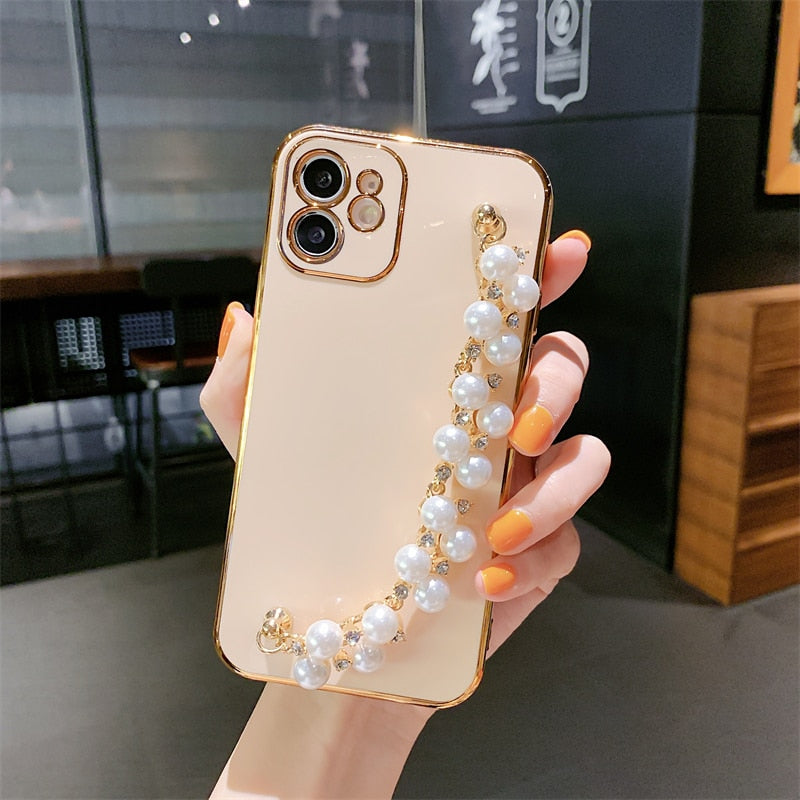 Electroplated iPhone Case with Pearl Chain-Fonally-For iPhone 12 or 12 Pro-Pink-