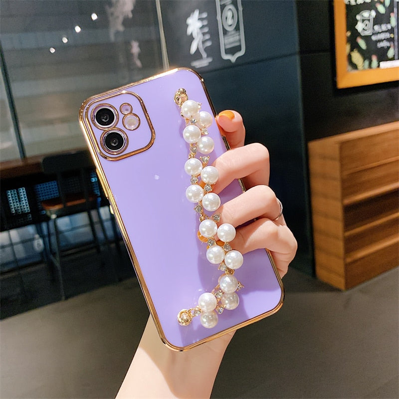Electroplated iPhone Case with Pearl Chain-Fonally-For iPhone 12 or 12 Pro-Purple-