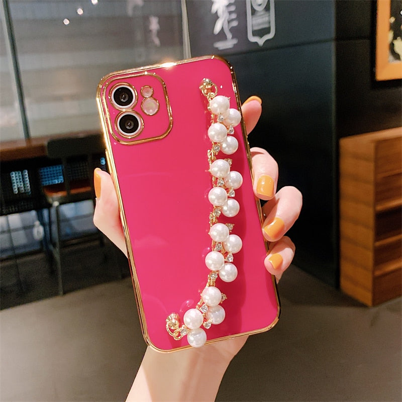 Electroplated iPhone Case with Pearl Chain-Fonally-For iPhone 12 or 12 Pro-Rose Red-