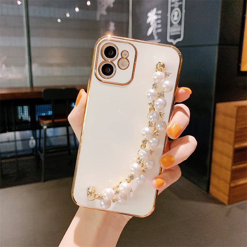 Electroplated iPhone Case with Pearl Chain-Fonally-For iPhone 12 or 12 Pro-White-