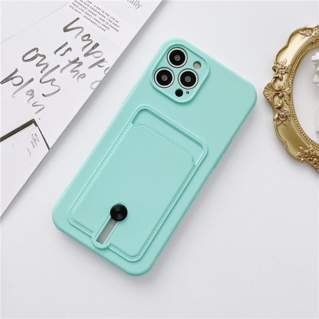 Embedded Wallet Silicone iPhone Case with Push Slider-Fonally-For iPhone 13 Pro Max-Cyan-