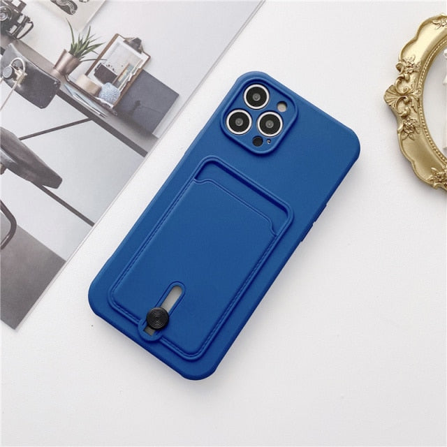 Embedded Wallet Silicone iPhone Case with Push Slider-Fonally-For iPhone 13 Pro Max-Dark Blue-