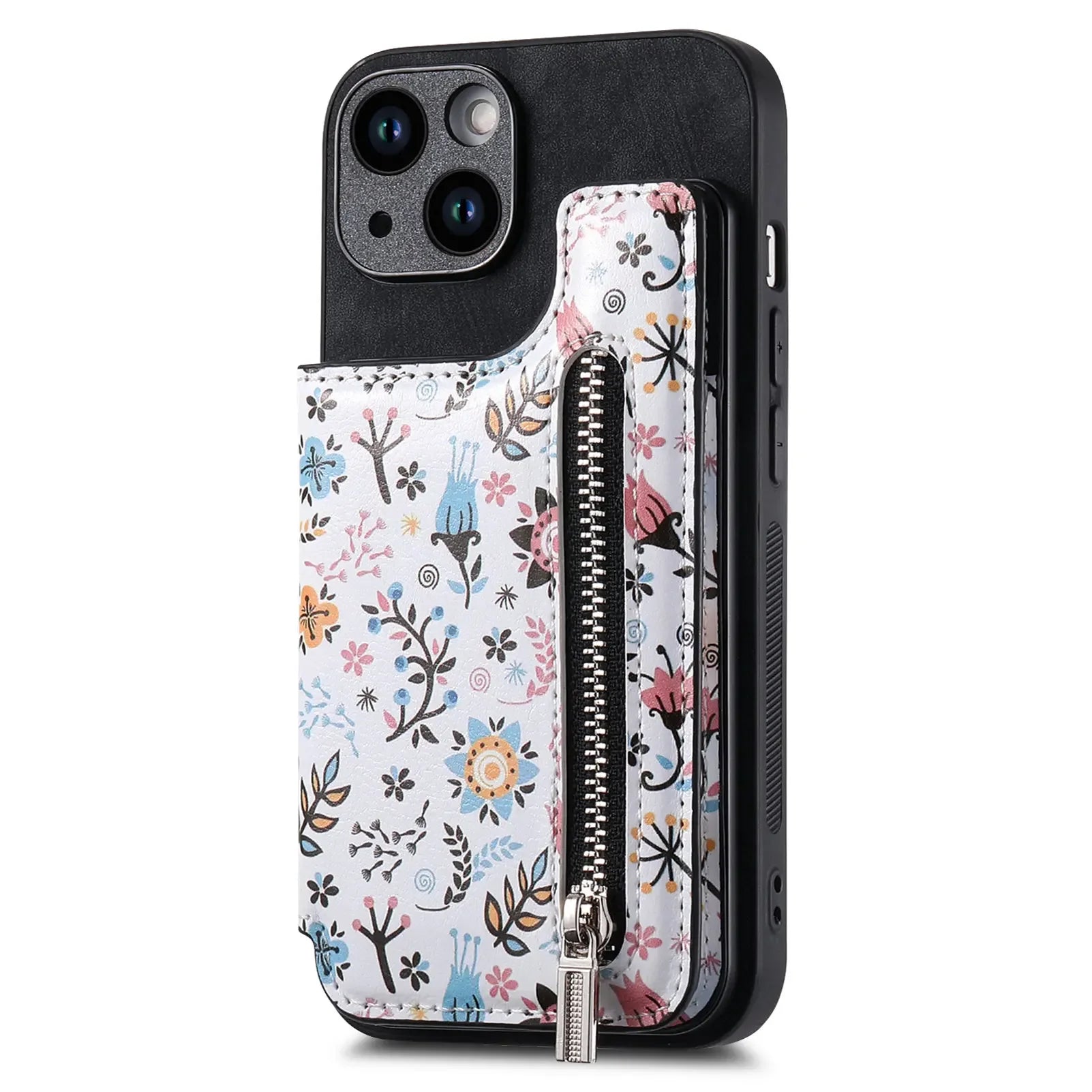 Floral Zipper Wallet iPhone Case-Fonally-For iPhone 13-Black-