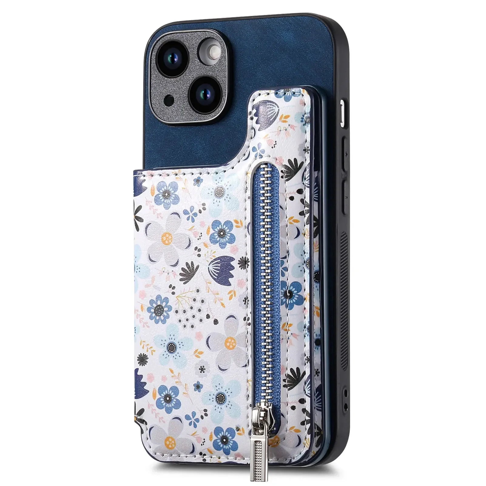 Floral Zipper Wallet iPhone Case-Fonally-For iPhone 13-Blue-
