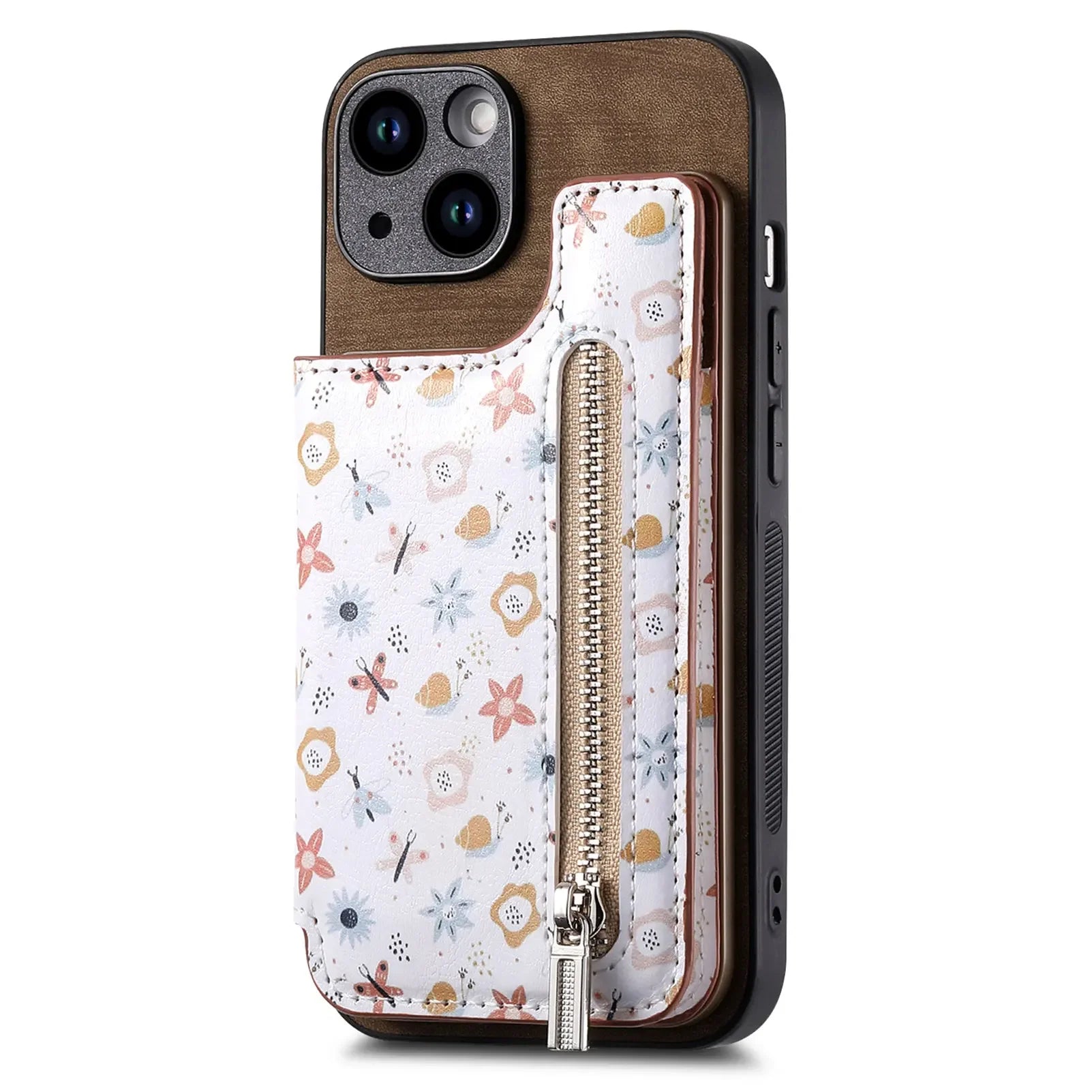 Floral Zipper Wallet iPhone Case-Fonally-For iPhone 13-Brown-