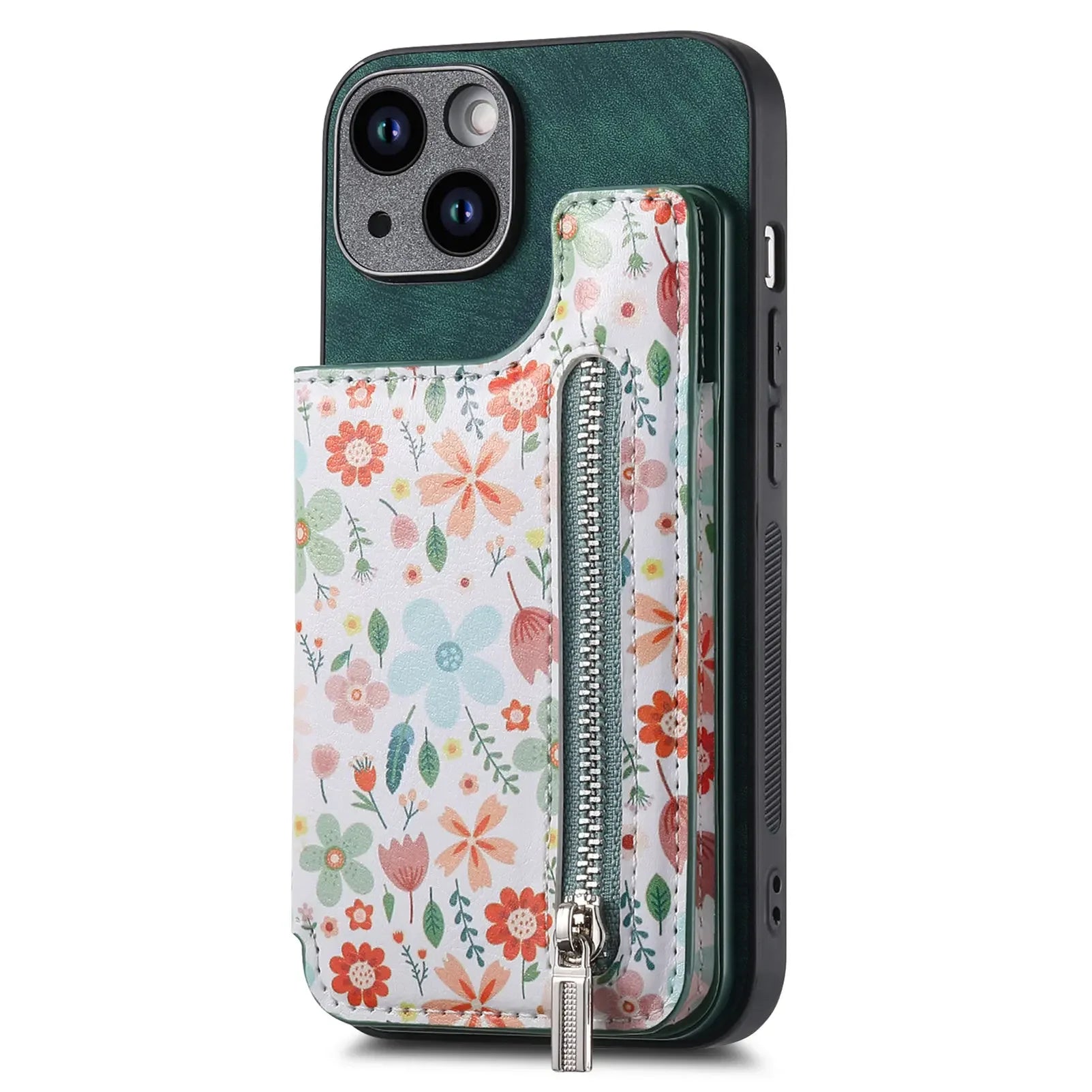 Floral Zipper Wallet iPhone Case-Fonally-For iPhone 13-Green-