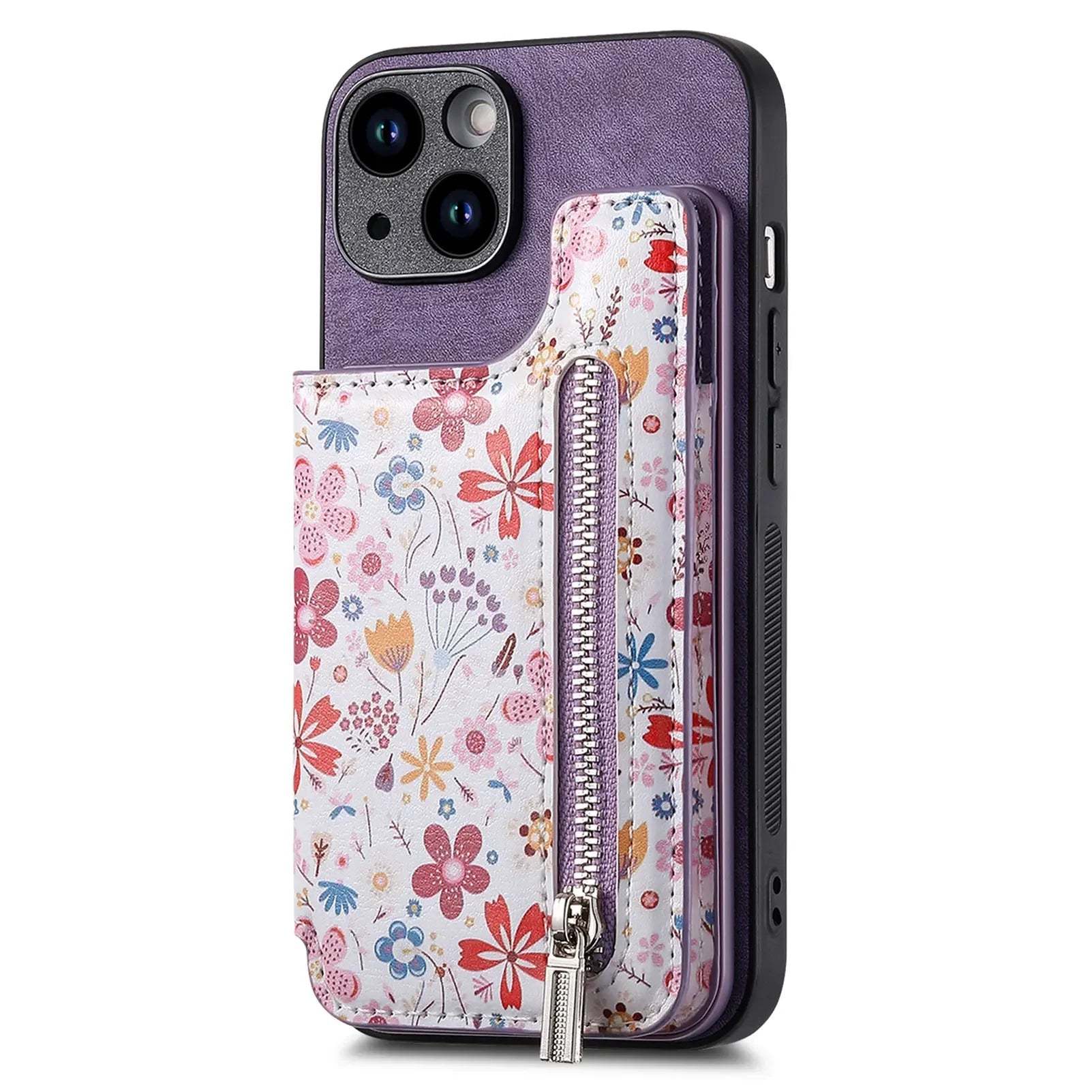 Floral Zipper Wallet iPhone Case-Fonally-For iPhone 13-Purple-