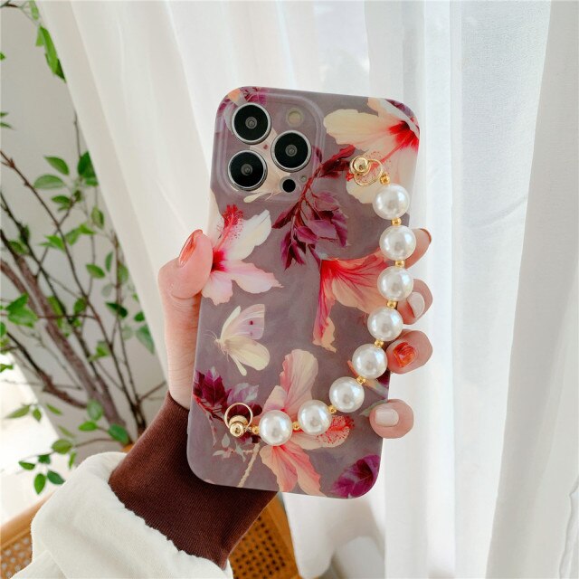 Floral iPhone Case with Pearl Chain-Fonally-For iPhone 13 Pro Max-1-