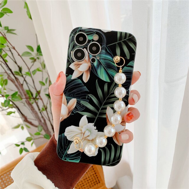 Floral iPhone Case with Pearl Chain-Fonally-For iPhone 13 Pro Max-5-