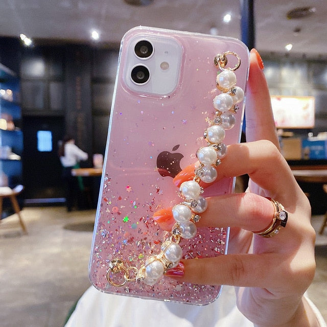 Glitter iPhone Case with Pearl Chain-Fonally-For iPhone 12 Pro Max-Pink-