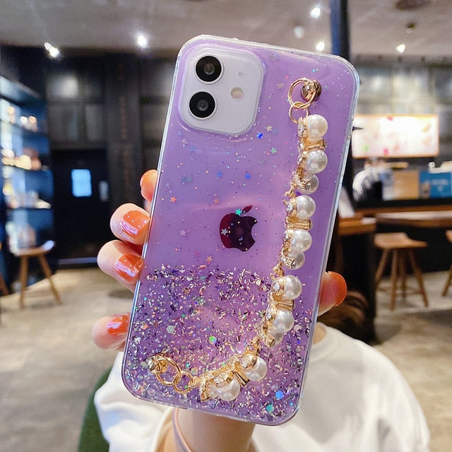 Glitter iPhone Case with Pearl Chain-Fonally-For iPhone 12 Pro Max-Purple-