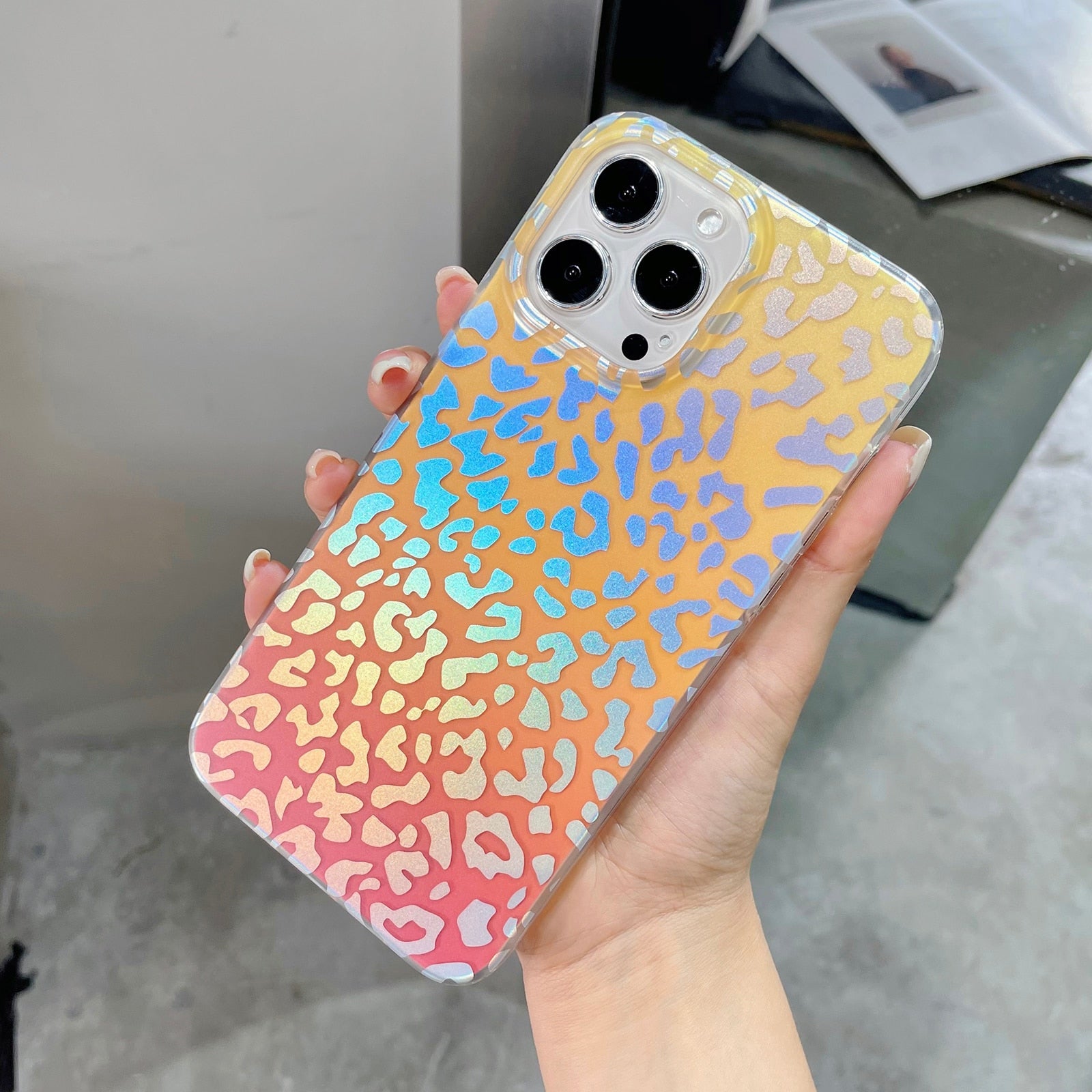 Gradient Rainbow Laser Leopard iPhone Case-Fonally-