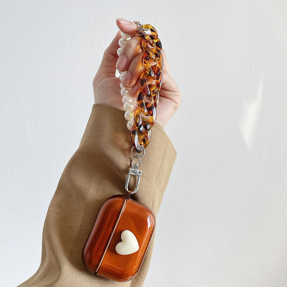 Heart AirPods case with Amber & Pearl Chain-Fonally-For AirPods Pro-