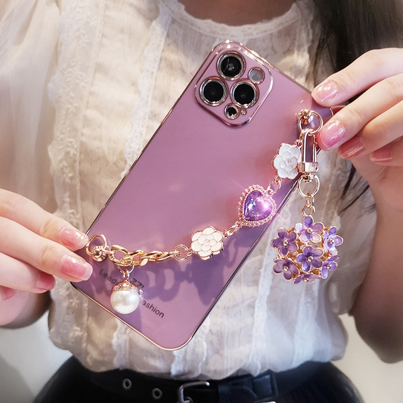 Heart Gem Floral Pearl Plated iPhone Case-Fonally-