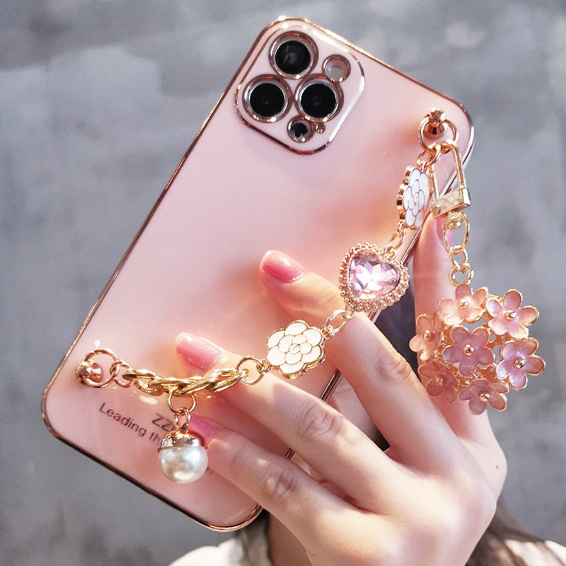 Heart Gem Floral Pearl Plated iPhone Case-Fonally-For iPhone 7-Pink-