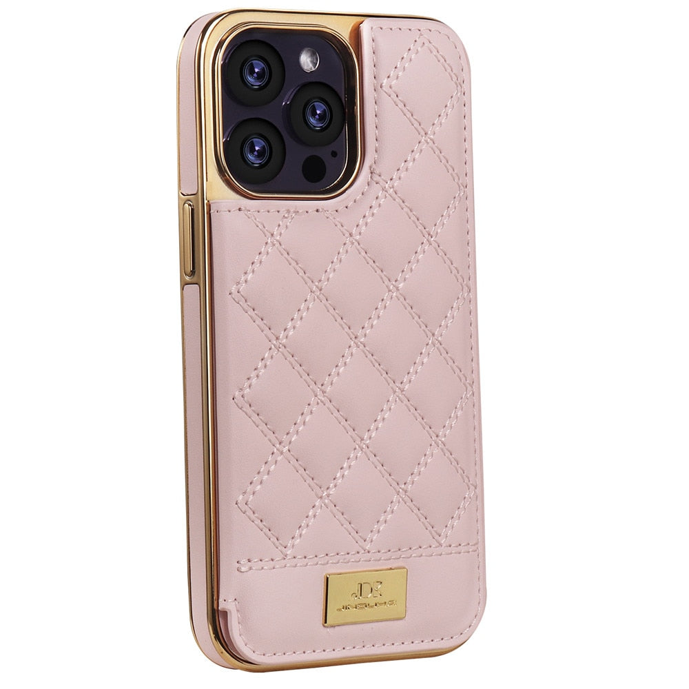 JKD Diamond Stitched Pattern Wallet iPhone Case-Fonally-For iPhone 12-Pink-