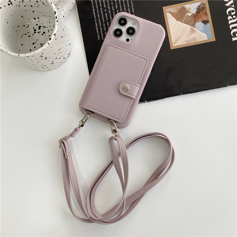Leather Card Wallet iPhone Case with Crossbody Removable Strap-Fonally-For iPhone 14-Lavender-