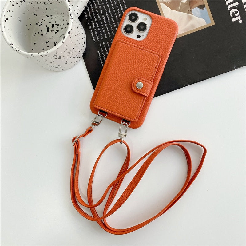 Leather Card Wallet iPhone Case with Crossbody Removable Strap-Fonally-For iPhone 14-Orange-