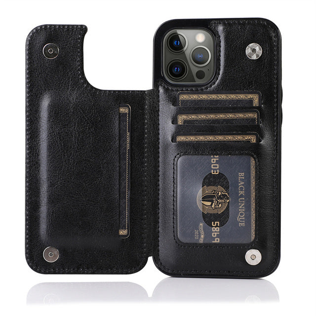 Leather Case with Wallet For iPhone-Fonally-For iPhone 13 Pro Max-Black-