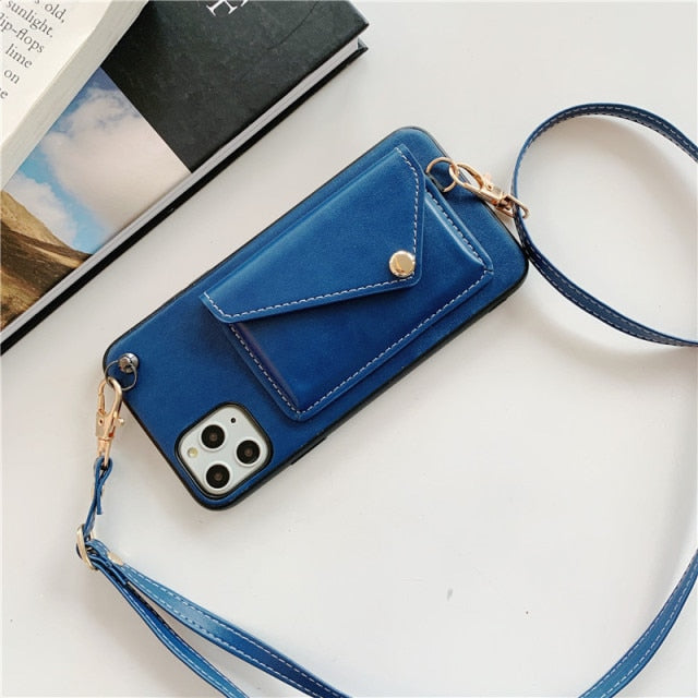 Leather Wallet iPhone Case with Leather Strap-Fonally-For iPhone 13 Pro Max-Blue-