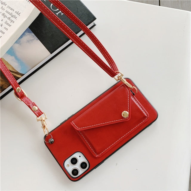 Leather Wallet iPhone Case with Leather Strap-Fonally-For iPhone 13 Pro Max-Red-