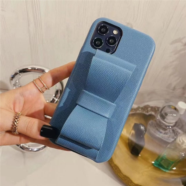 Leatherlike Bowknot Finger Wrap iPhone Case-Fonally-For iPhone 13 Pro Max-Blue-