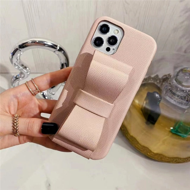 Leatherlike Bowknot Finger Wrap iPhone Case-Fonally-For iPhone 13 Pro Max-Pink-